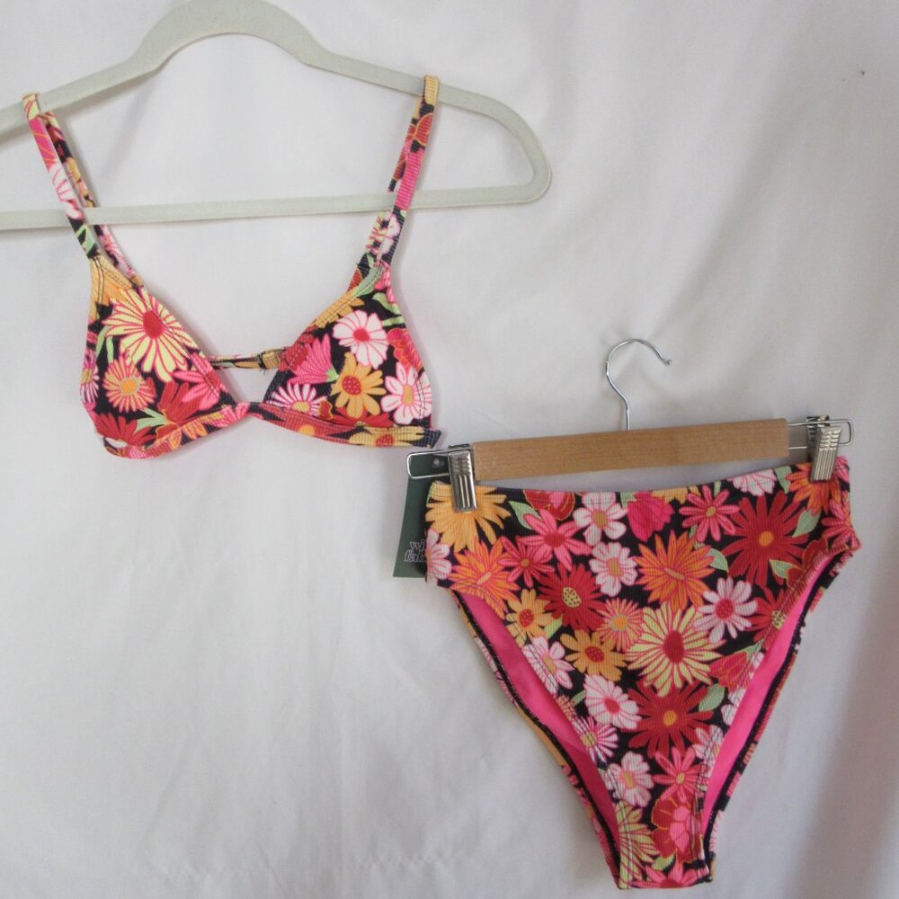 wild fable 2 piece bikini Pink Yellow Black Floral Size XS 0-2 NWT